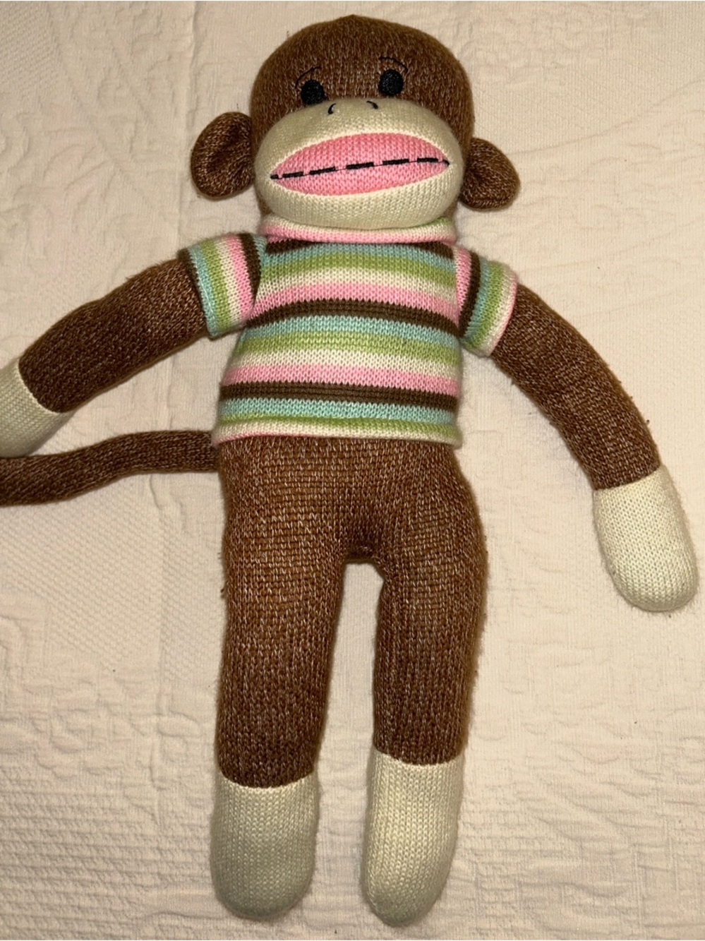 Brown Plush Monkey with Pastel Striped Shirt - Soft Cuddly Toy